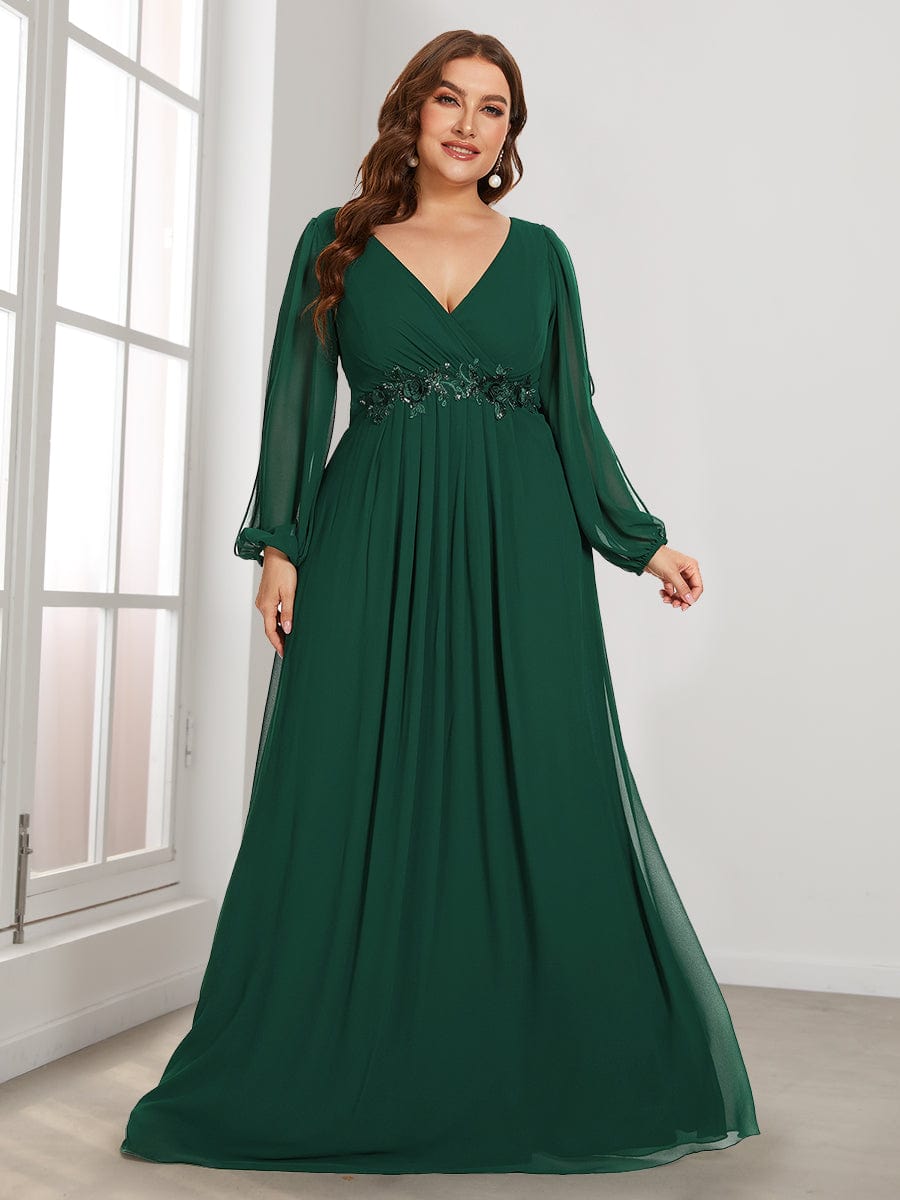 Stylish Plus Size Chiffon Formal Evening Dresses with Long Lantern Sleeves #color_Dark Green