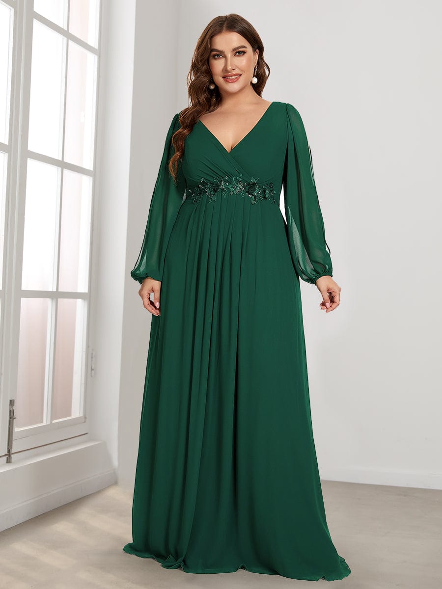 Stylish Plus Size Chiffon Formal Evening Dresses with Long Lantern Sleeves #color_Dark Green