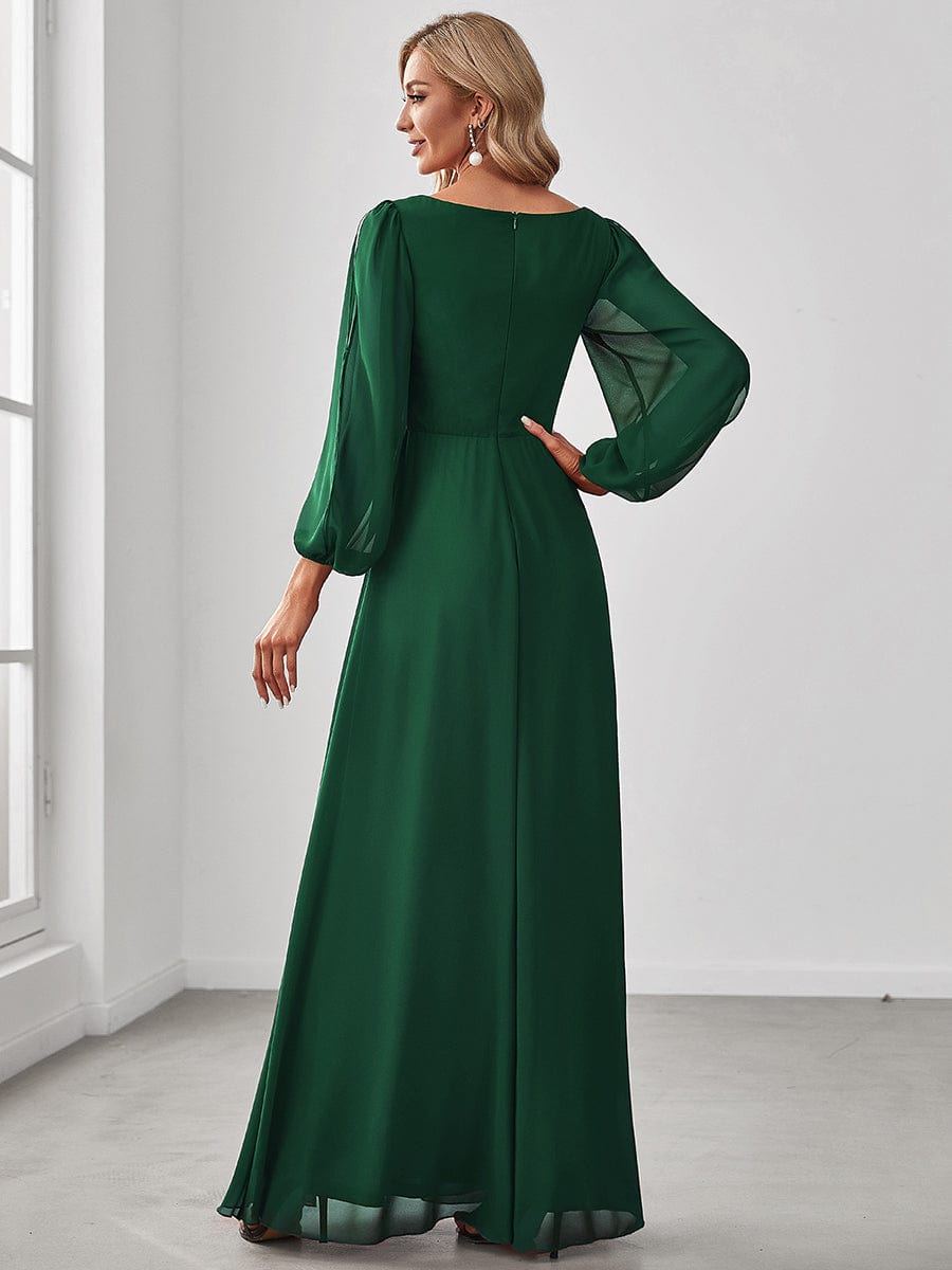 Elegant Chiffon V-Neckline Long Sleeve Formal Evening Dress #color_Dark Green