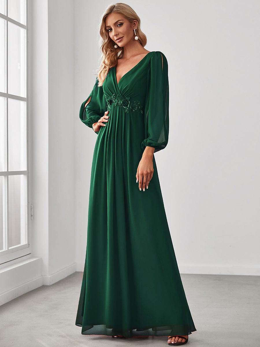 Elegant Chiffon V-Neckline Long Sleeve Formal Evening Dress #color_Dark Green