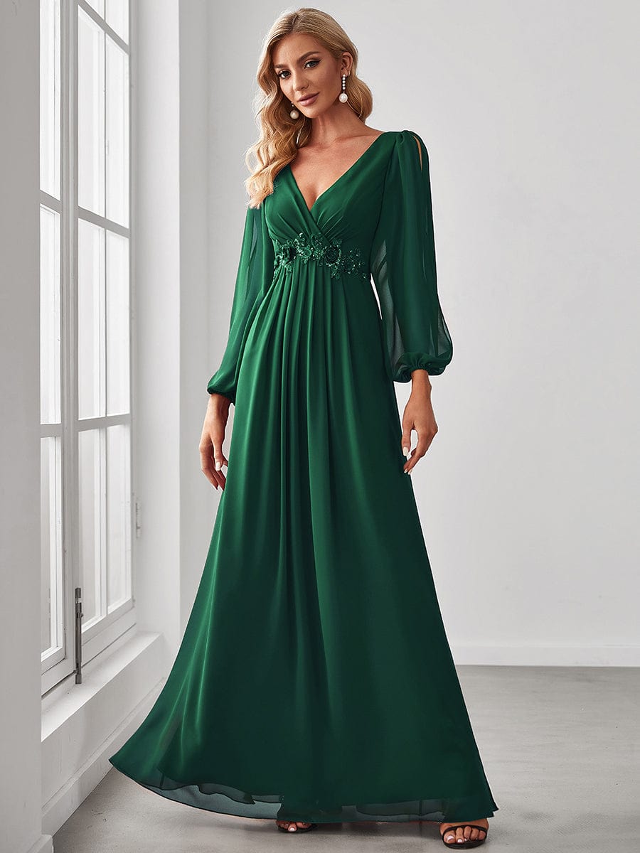 Elegant Chiffon V-Neckline Long Sleeve Formal Evening Dress #color_Dark Green