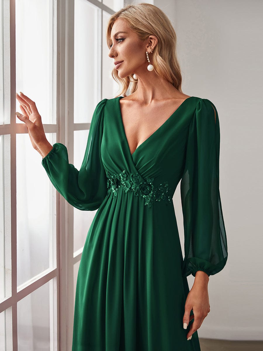 Elegant Chiffon V-Neckline Long Sleeve Formal Evening Dress #color_Dark Green