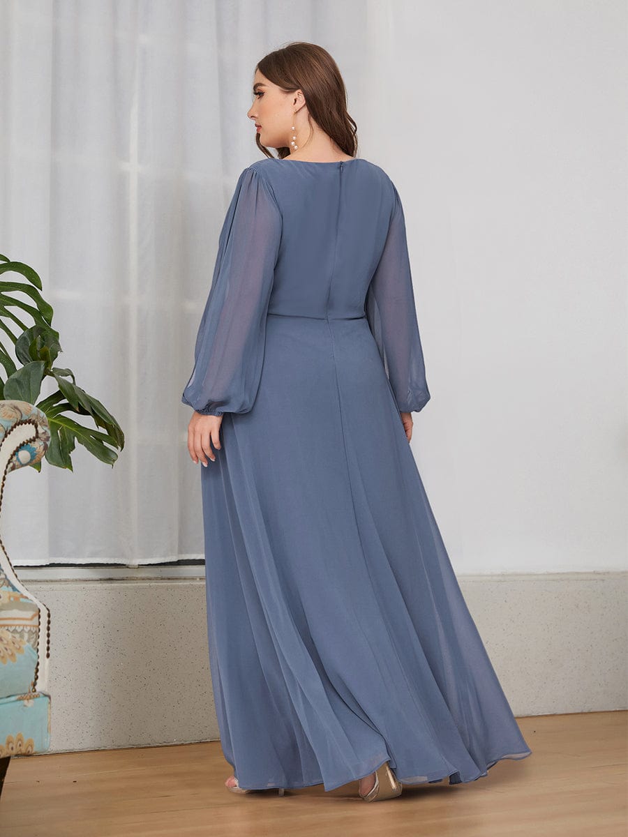 Stylish Plus Size Chiffon Formal Evening Dresses with Long Lantern Sleeves #color_Dusty Blue