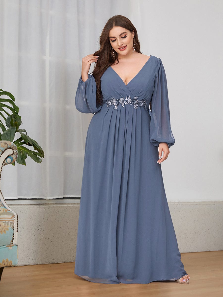 Stylish Plus Size Chiffon Formal Evening Dresses with Long Lantern Sleeves #color_Dusty Blue