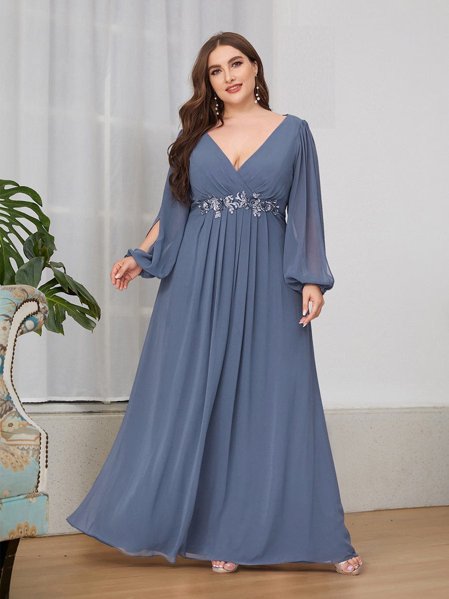 Stylish Plus Size Chiffon Formal Evening Dresses with Long Lantern Sleeves #color_Dusty Navy