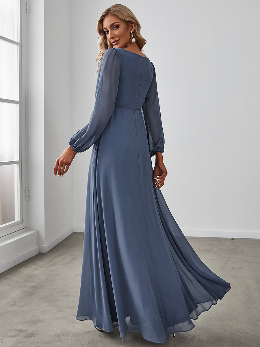 Elegant Chiffon V-Neckline Long Sleeve Formal Evening Dress #color_Dusty Blue