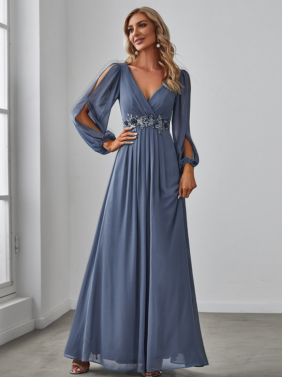 Elegant Chiffon V-Neckline Long Sleeve Formal Evening Dress #color_Dusty Navy