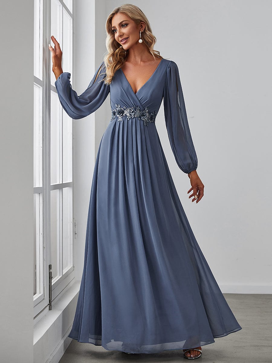 Elegant Chiffon V-Neckline Long Sleeve Formal Evening Dress #color_Dusty Blue