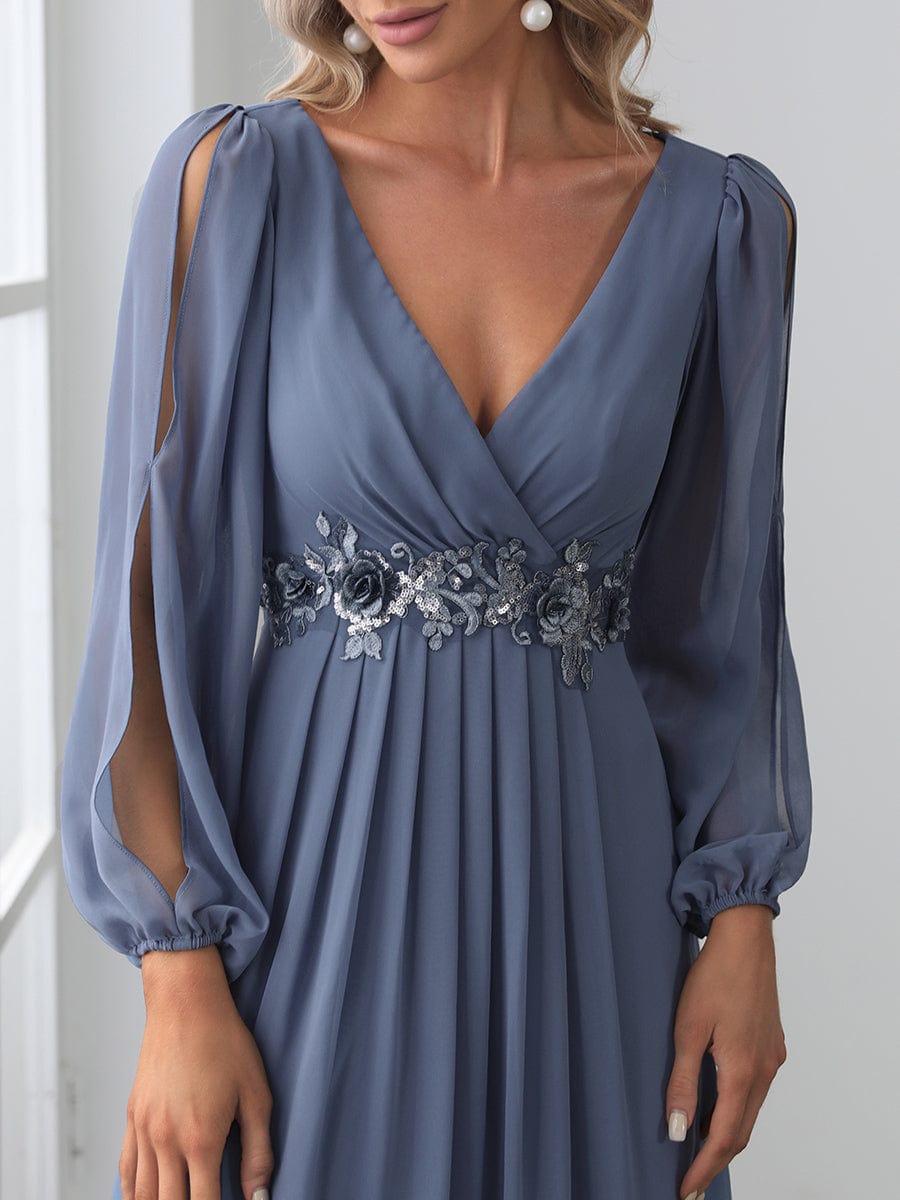 Elegant Chiffon V-Neckline Long Sleeve Formal Evening Dress #color_Dusty Navy