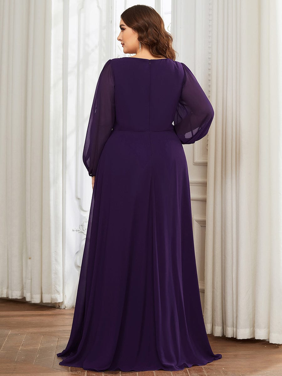 Elegant Chiffon V-Neckline Long Sleeve Formal Evening Dress #color_Dark Purple