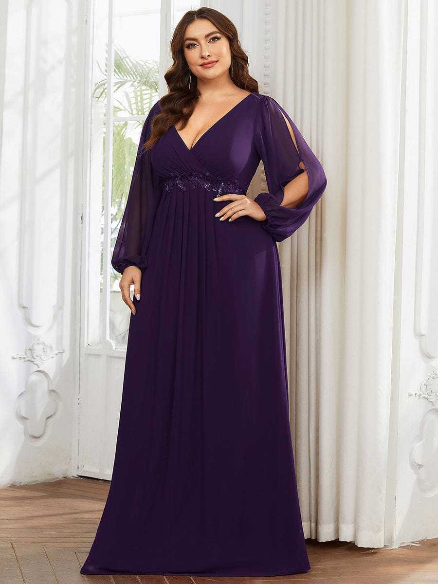 Elegant Chiffon V-Neckline Long Sleeve Formal Evening Dress #color_Dark Purple