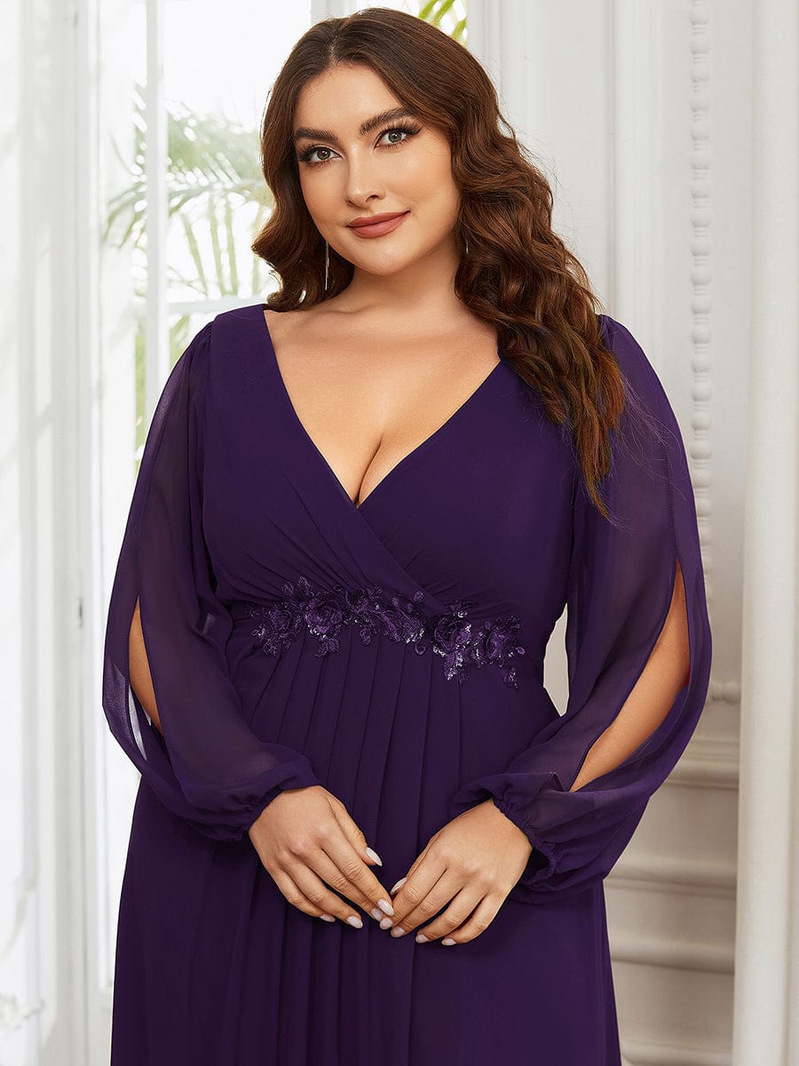 Elegant Chiffon V-Neckline Long Sleeve Formal Evening Dress #color_Dark Purple