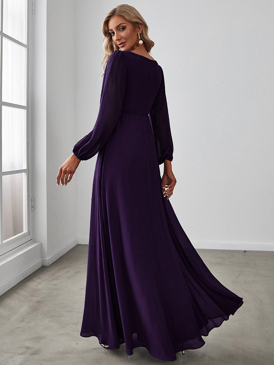 Elegant Chiffon V-Neckline Long Sleeve Formal Evening Dress #color_Dark Purple