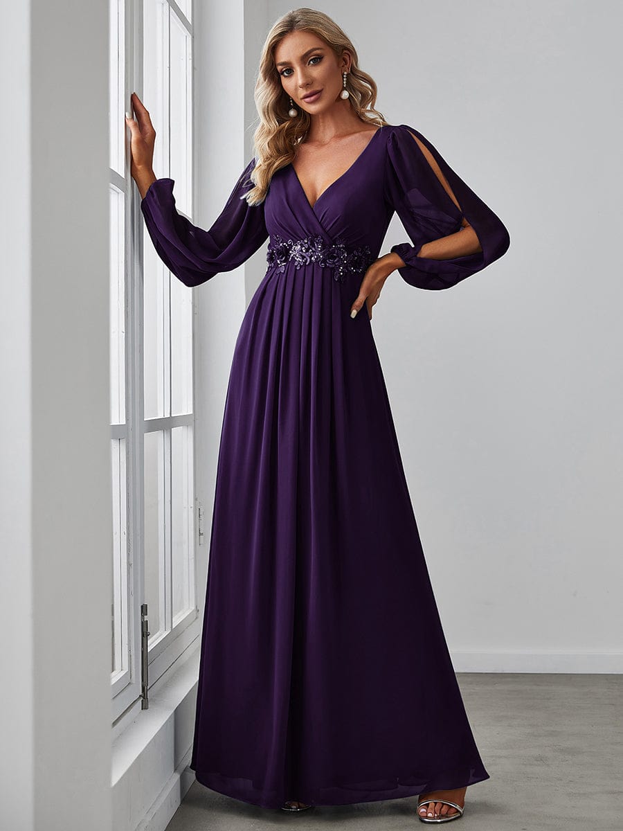 Elegant Chiffon V-Neckline Long Sleeve Formal Evening Dress #color_Dark Purple