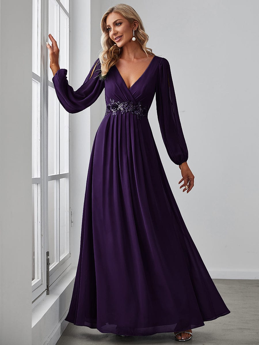 Elegant Chiffon V-Neckline Long Sleeve Formal Evening Dress #color_Dark Purple