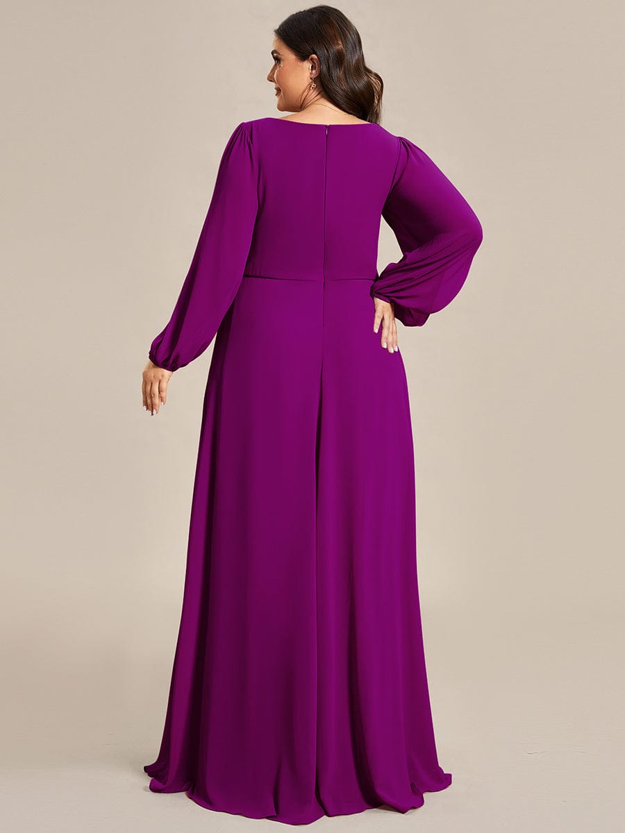 Elegant Chiffon V-Neckline Long Sleeve Formal Evening Dress #color_Fuchsia