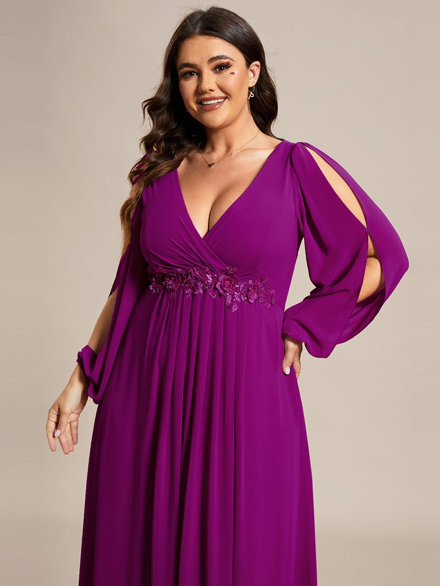 Elegant Chiffon V-Neckline Long Sleeve Formal Evening Dress #color_Fuchsia