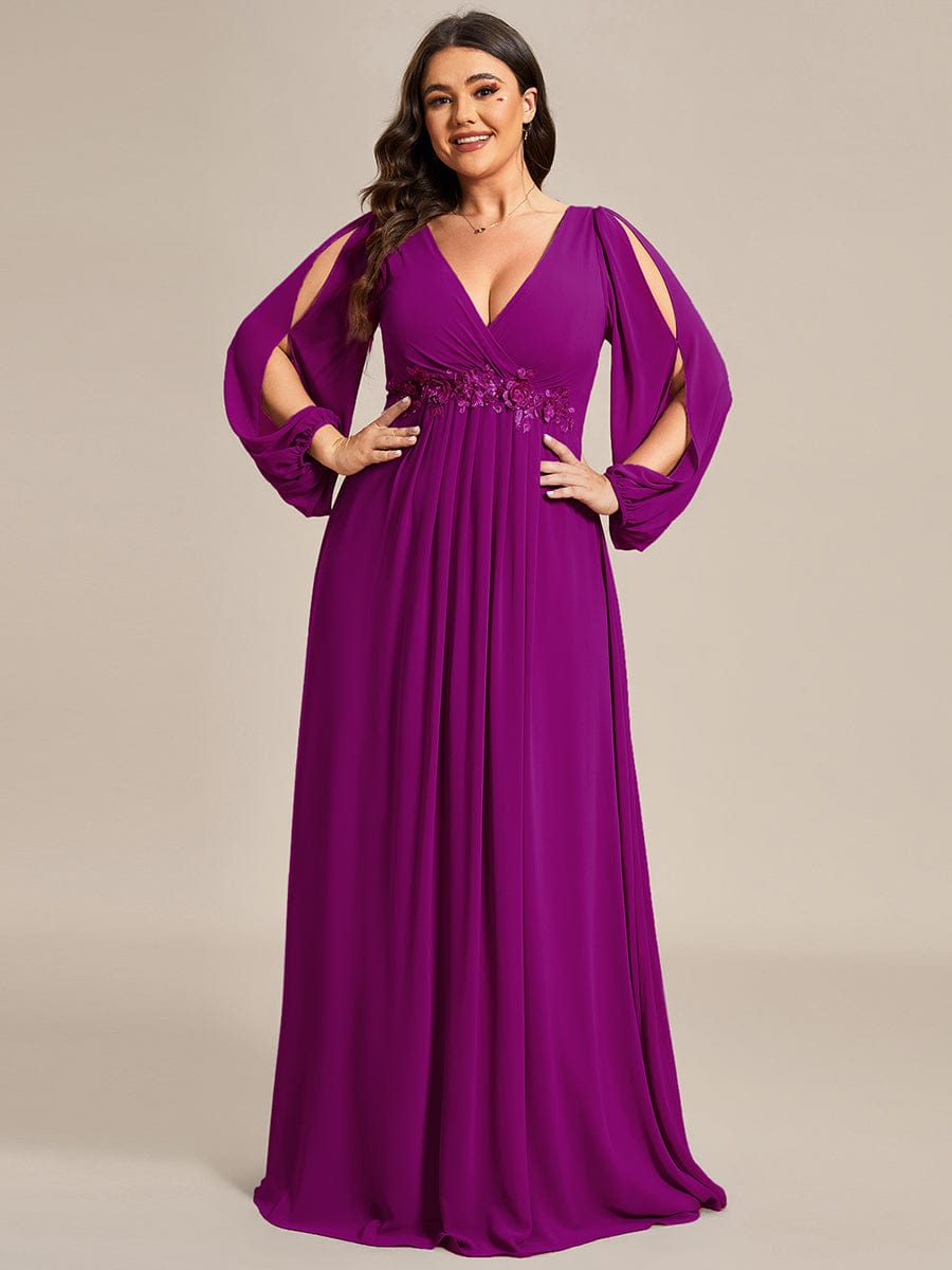 Elegant Chiffon V-Neckline Long Sleeve Formal Evening Dress #color_Fuchsia