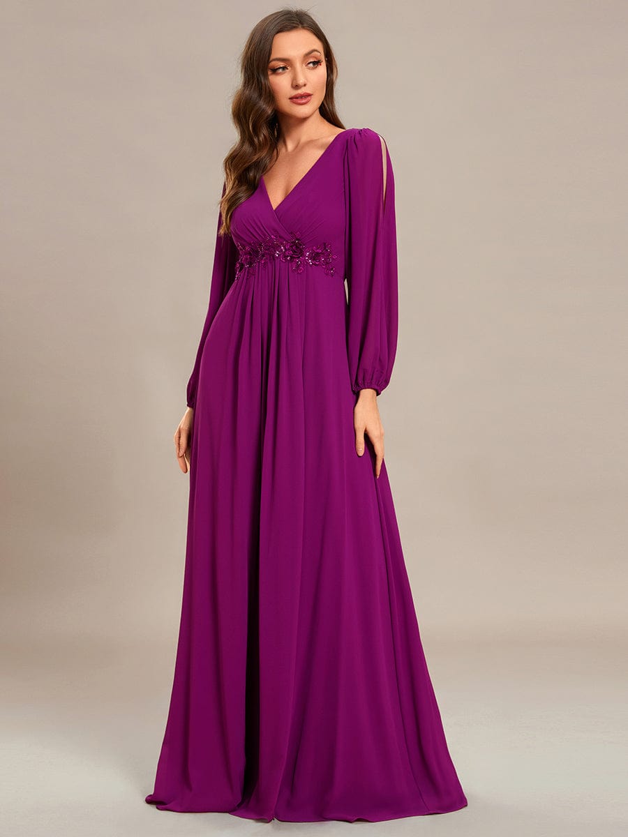 Elegant Chiffon V-Neckline Long Sleeve Formal Evening Dress #color_Fuchsia