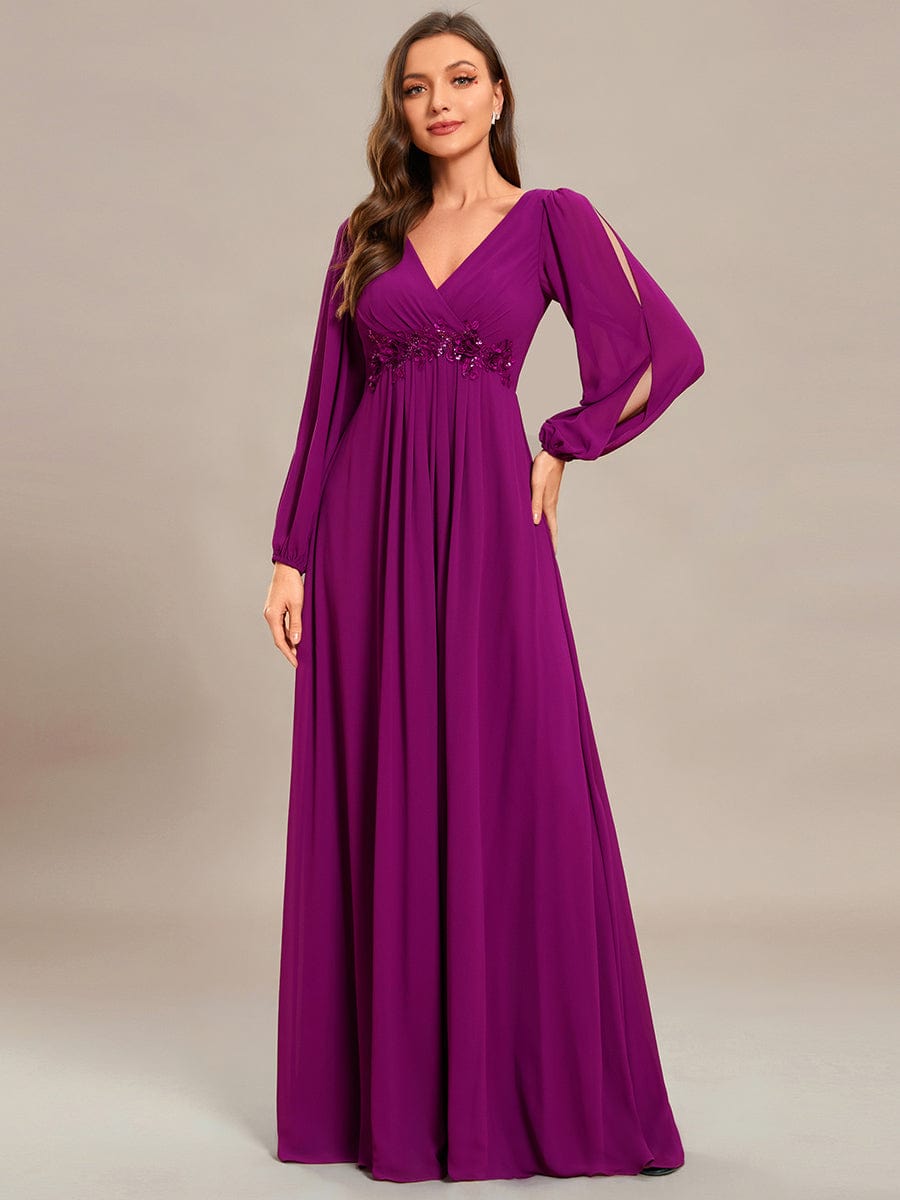 Elegant Chiffon V-Neckline Long Sleeve Formal Evening Dress #color_Fuchsia