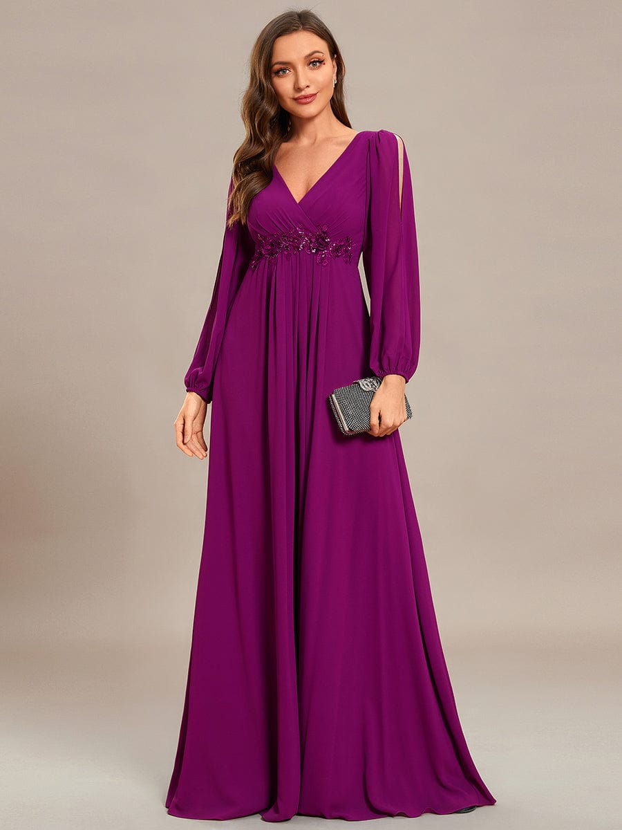 Elegant Chiffon V-Neckline Long Sleeve Formal Evening Dress #color_Fuchsia