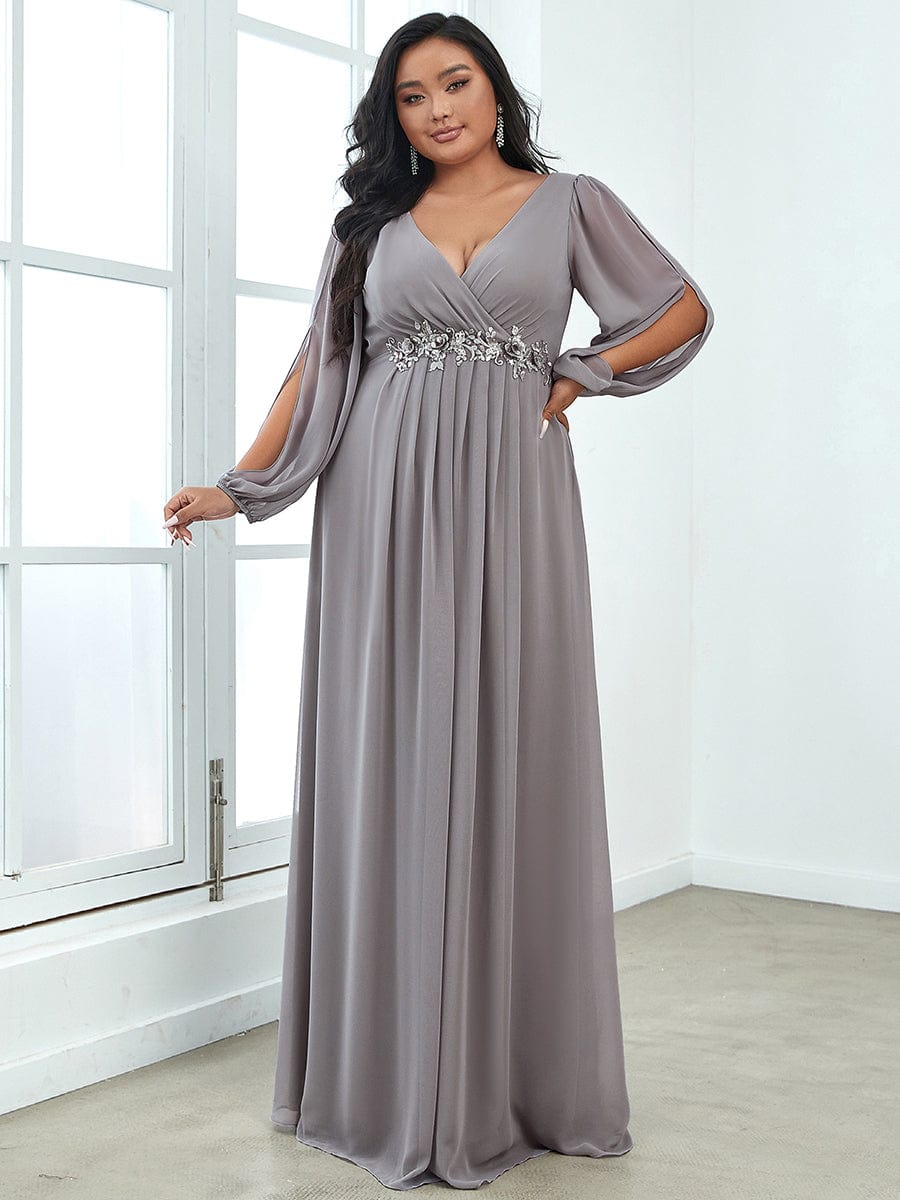 Stylish Plus Size Chiffon Formal Evening Dresses with Long Lantern Sleeves #color_Grey