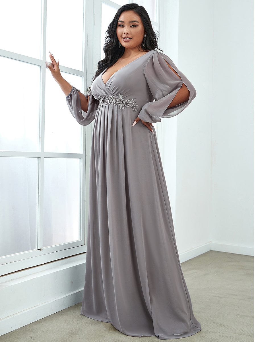 Stylish Plus Size Chiffon Formal Evening Dresses with Long Lantern Sleeves #color_Grey