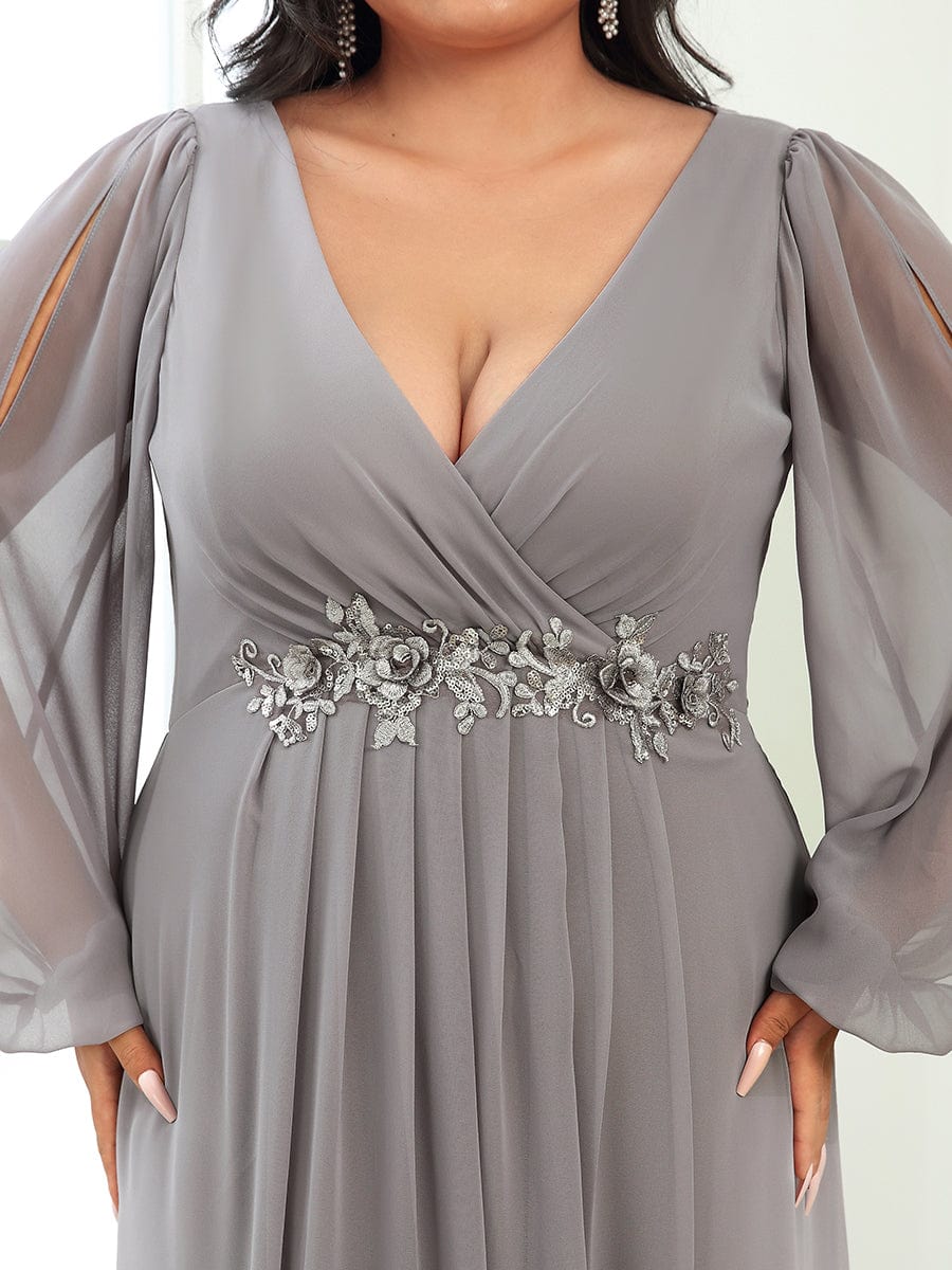 Stylish Plus Size Chiffon Formal Evening Dresses with Long Lantern Sleeves #color_Grey