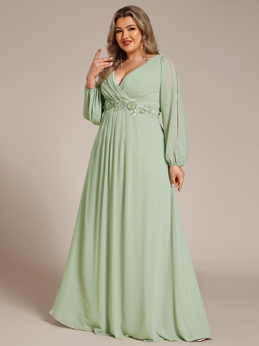 Stylish Plus Size Chiffon Formal Evening Dresses with Long Lantern Sleeves #color_Mint Green