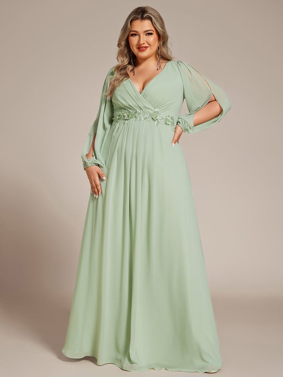 Elegant Chiffon V-Neckline Long Sleeve Formal Evening Dress #color_Mint Green