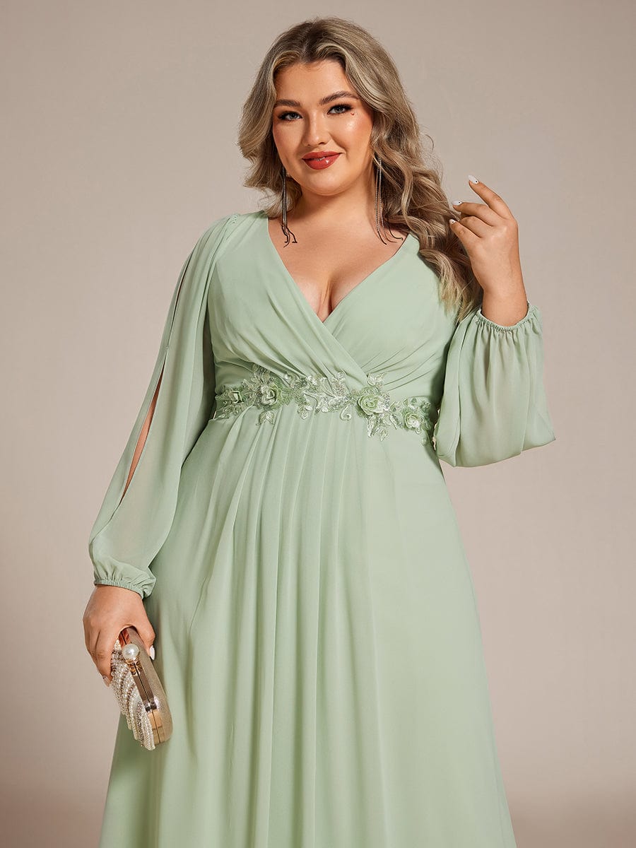 Elegant Chiffon V-Neckline Long Sleeve Formal Evening Dress #color_Mint Green