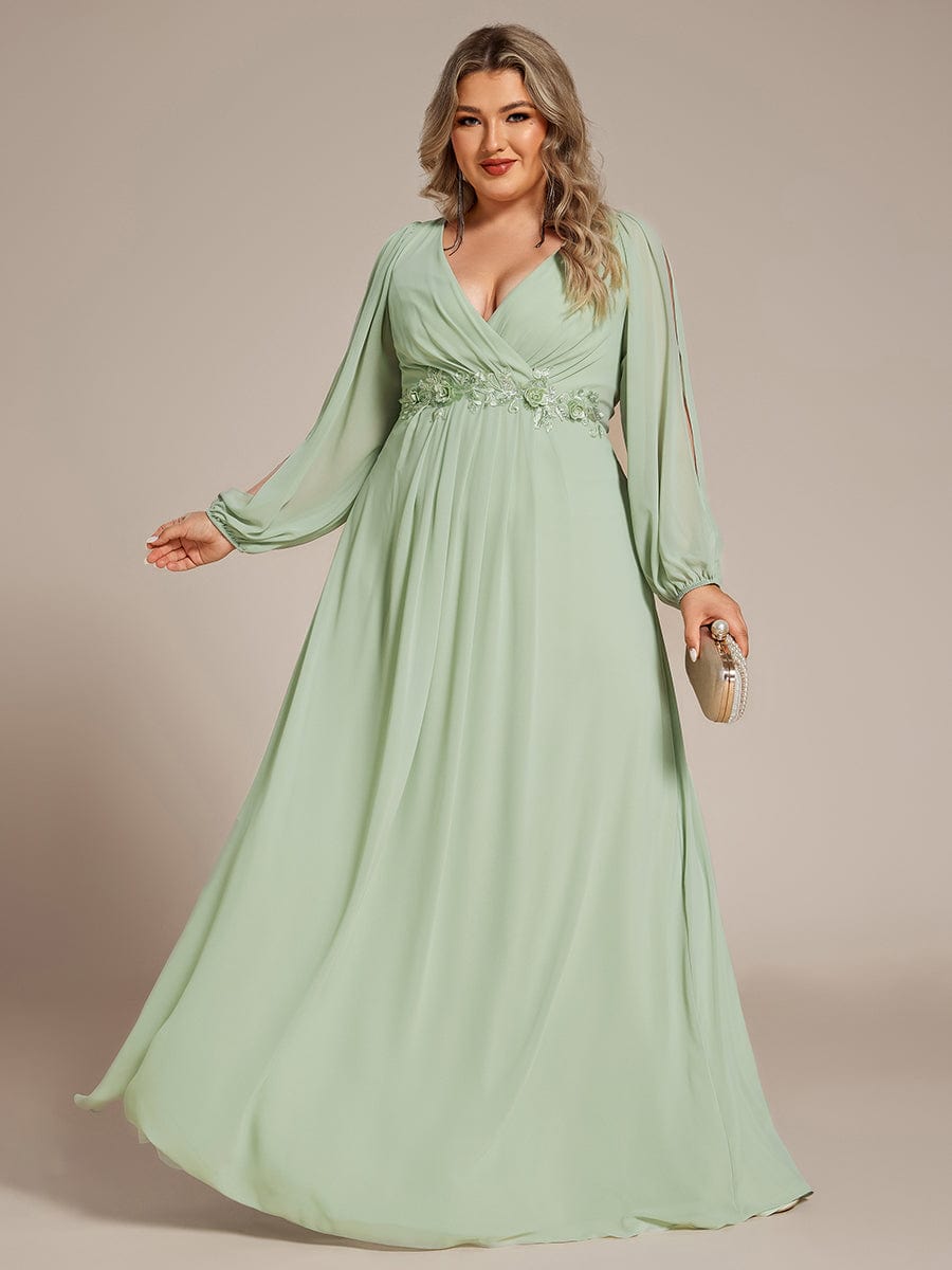 Elegant Chiffon V-Neckline Long Sleeve Formal Evening Dress #color_Mint Green