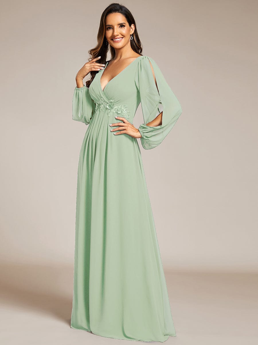 Elegant Chiffon V-Neckline Long Sleeve Formal Evening Dress #color_Mint Green