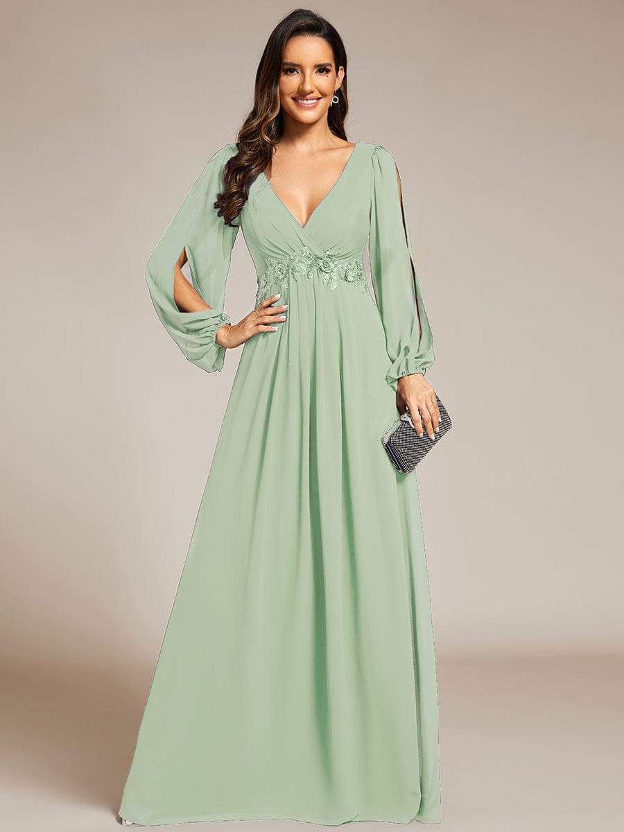 Elegant Chiffon V-Neckline Long Sleeve Formal Evening Dress #color_Mint Green