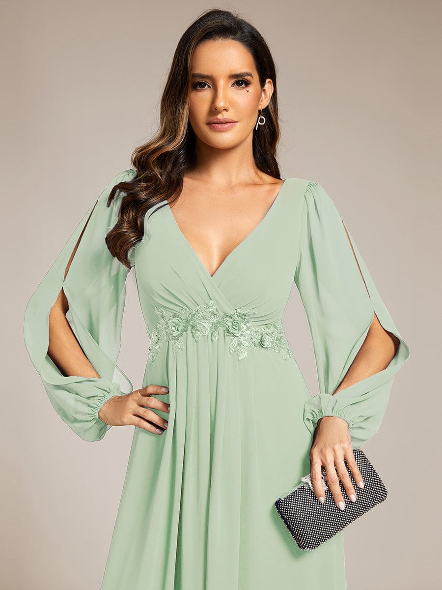 Elegant Chiffon V-Neckline Long Sleeve Formal Evening Dress #color_Mint Green