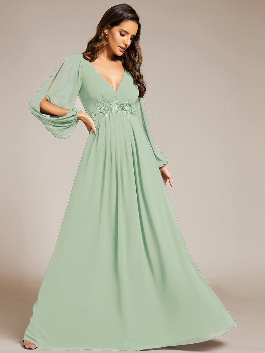 Elegant Chiffon V-Neckline Long Sleeve Formal Evening Dress #color_Mint Green