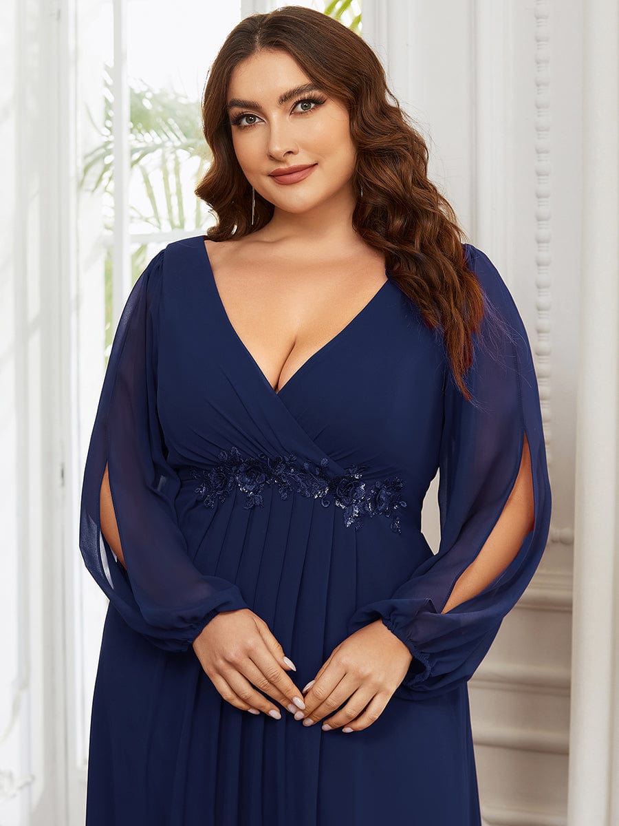 Custom Size Chiffon V-Neckline Long Sleeve Formal Evening Dress #color_Navy Blue