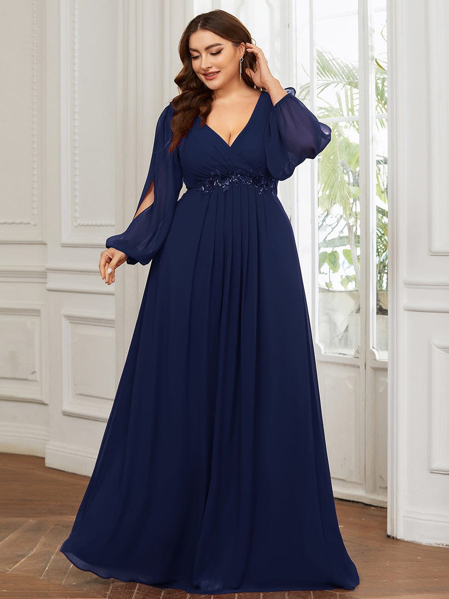 Custom Size Chiffon V-Neckline Long Sleeve Formal Evening Dress #color_Navy Blue