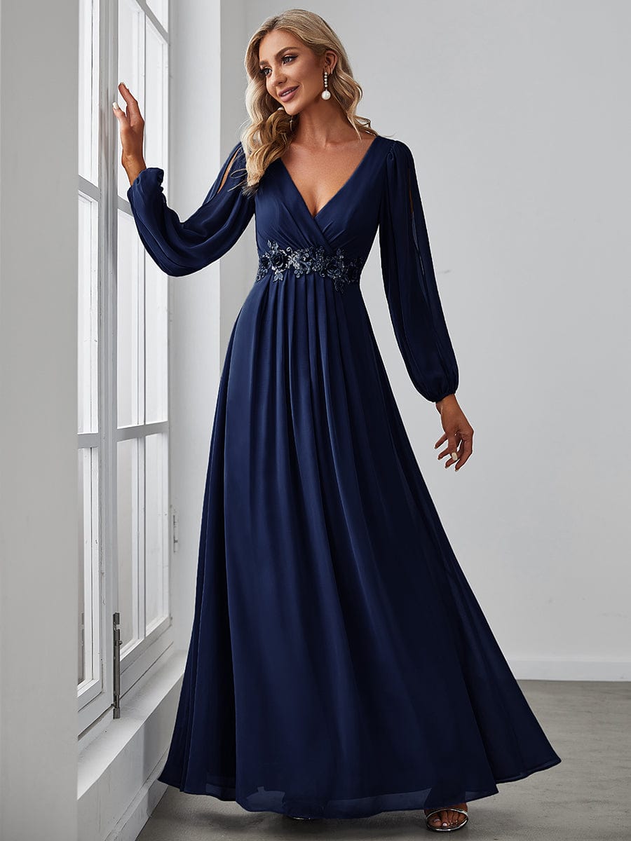 Elegant Chiffon V-Neckline Long Sleeve Formal Evening Dress #color_Navy Blue