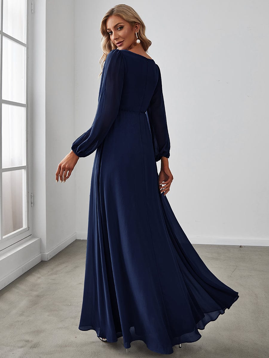 Elegant Chiffon V-Neckline Long Sleeve Formal Evening Dress #color_Navy Blue