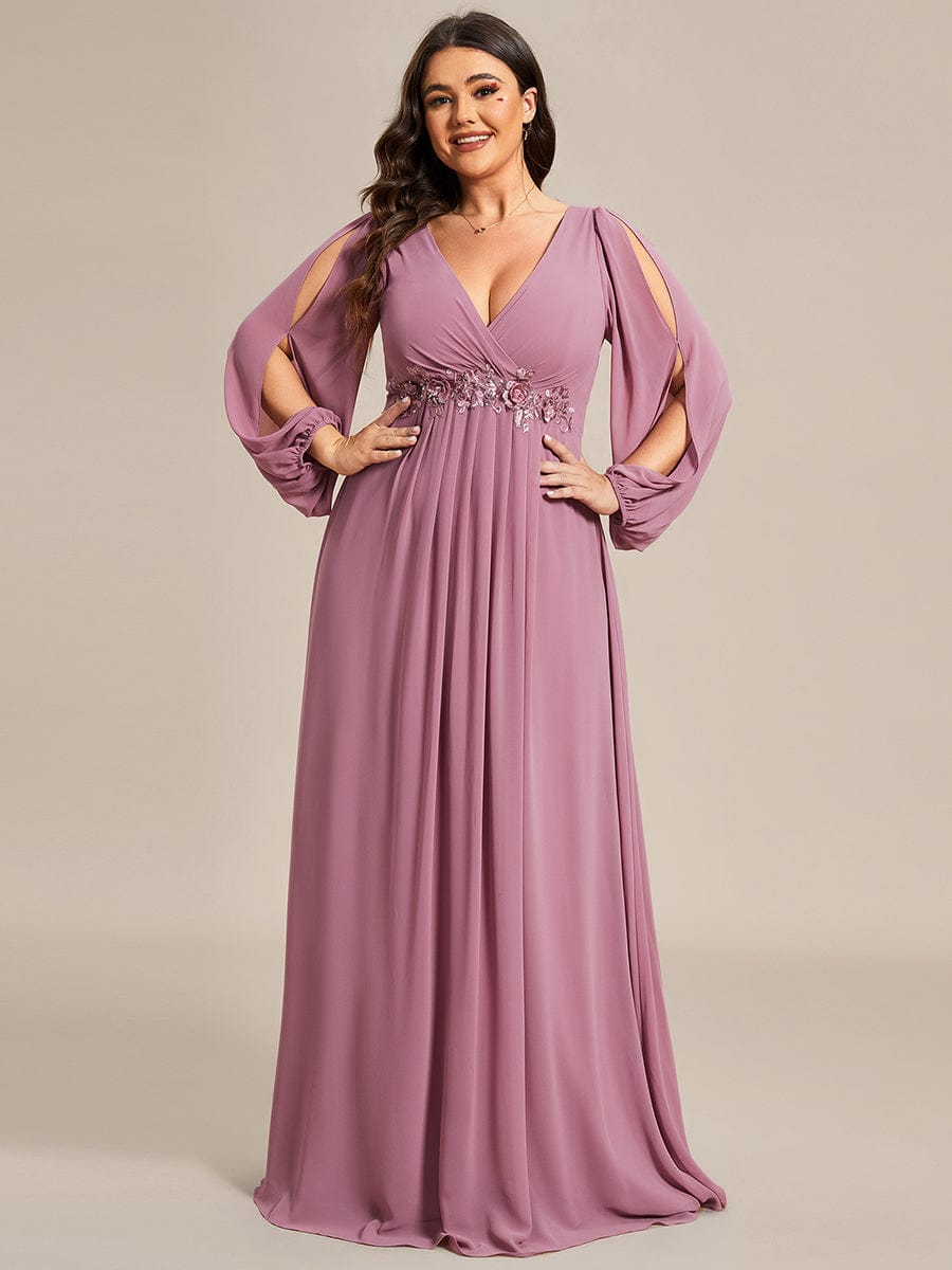 Elegant Chiffon V-Neckline Long Sleeve Formal Evening Dress #color_Purple Orchid