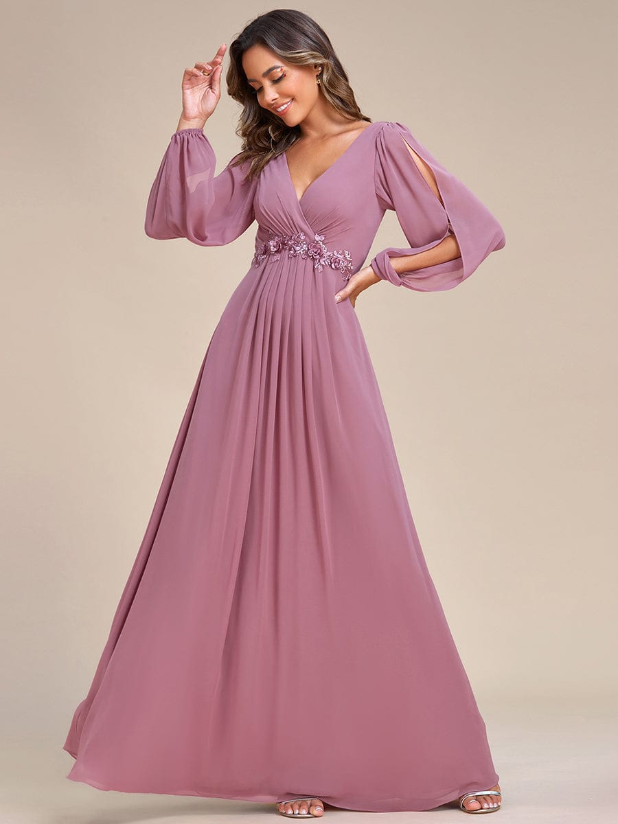 Elegant Chiffon V-Neckline Long Sleeve Formal Evening Dress #color_Purple Orchid