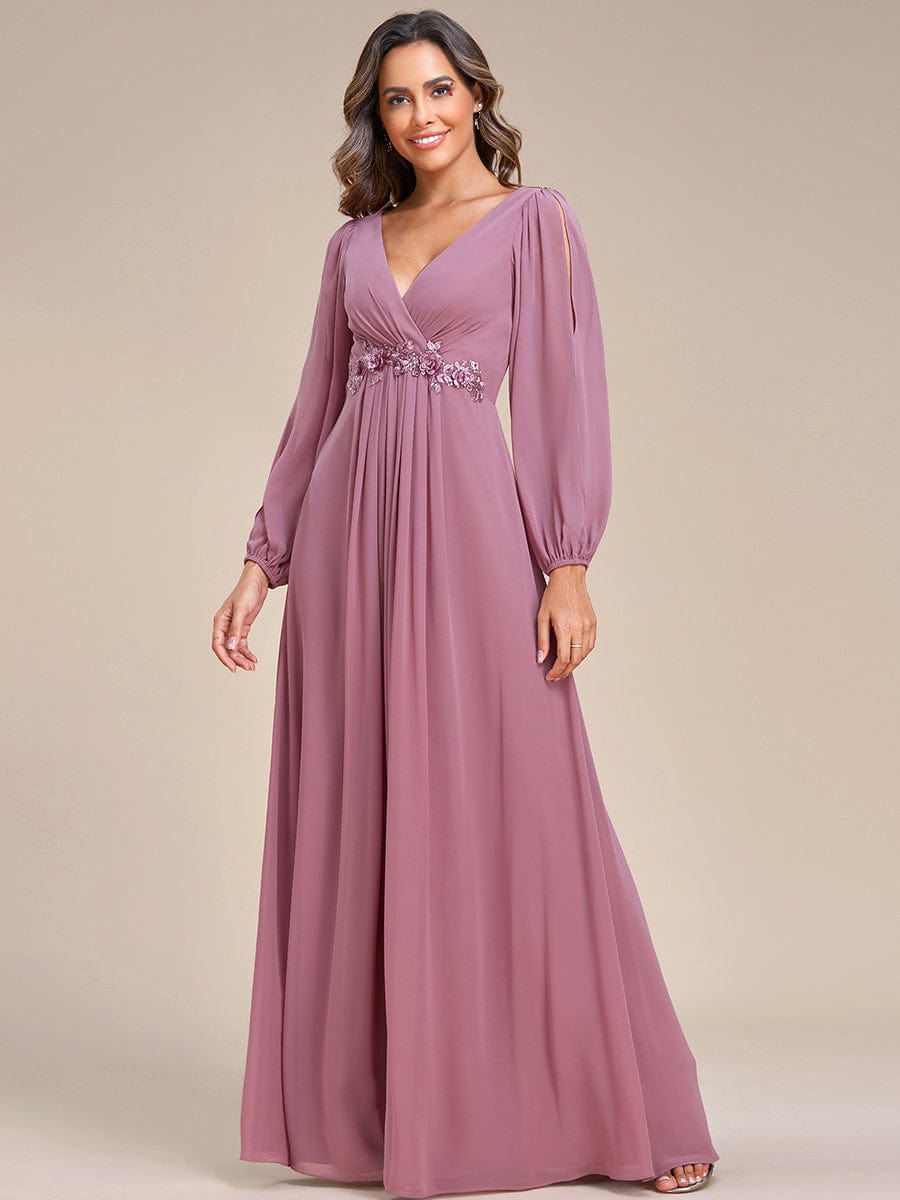 Elegant Chiffon V-Neckline Long Sleeve Formal Evening Dress #color_Purple Orchid