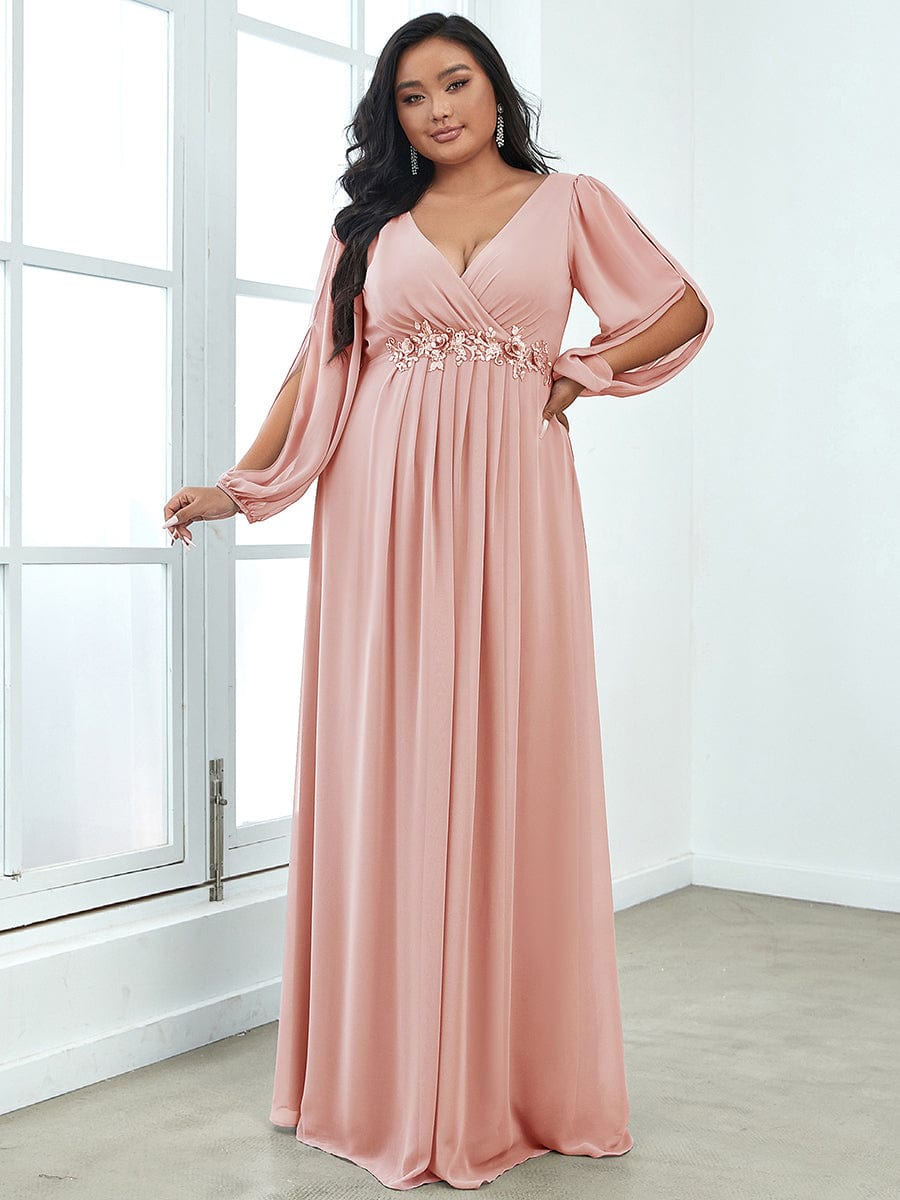 Stylish Plus Size Chiffon Formal Evening Dresses with Long Lantern Sleeves #color_Pink