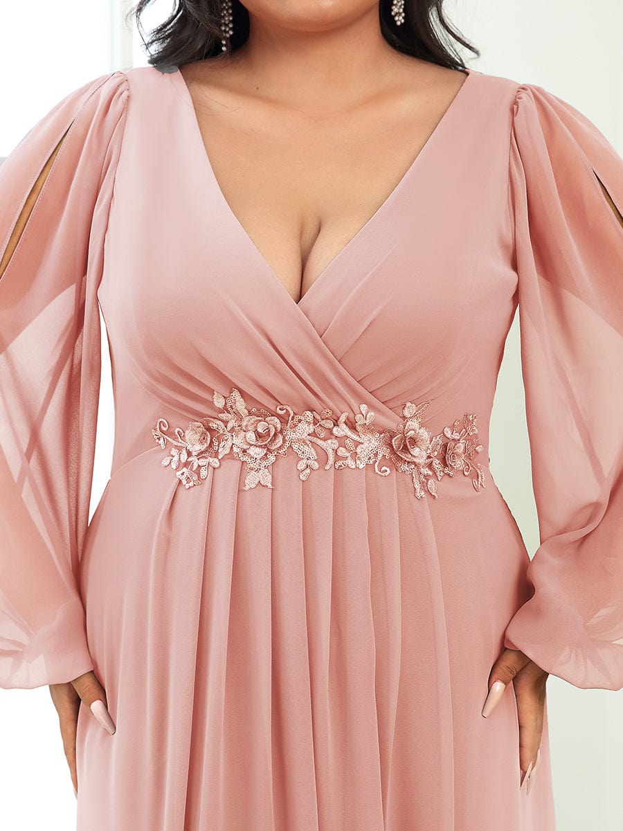 Stylish Plus Size Chiffon Formal Evening Dresses with Long Lantern Sleeves #color_Pink