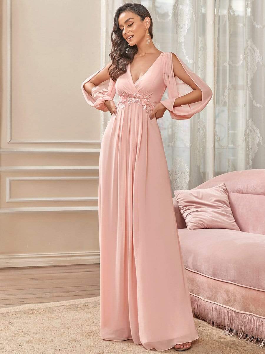 Elegant Chiffon V-Neckline Long Sleeve Formal Evening Dress #color_Pink