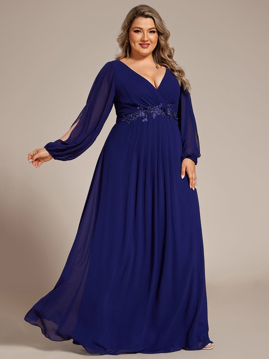 Elegant Chiffon V-Neckline Long Sleeve Formal Evening Dress #color_Royal Blue