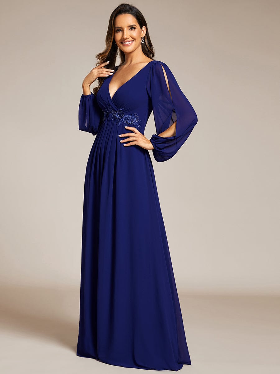 Elegant Chiffon V-Neckline Long Sleeve Formal Evening Dress #color_Royal Blue