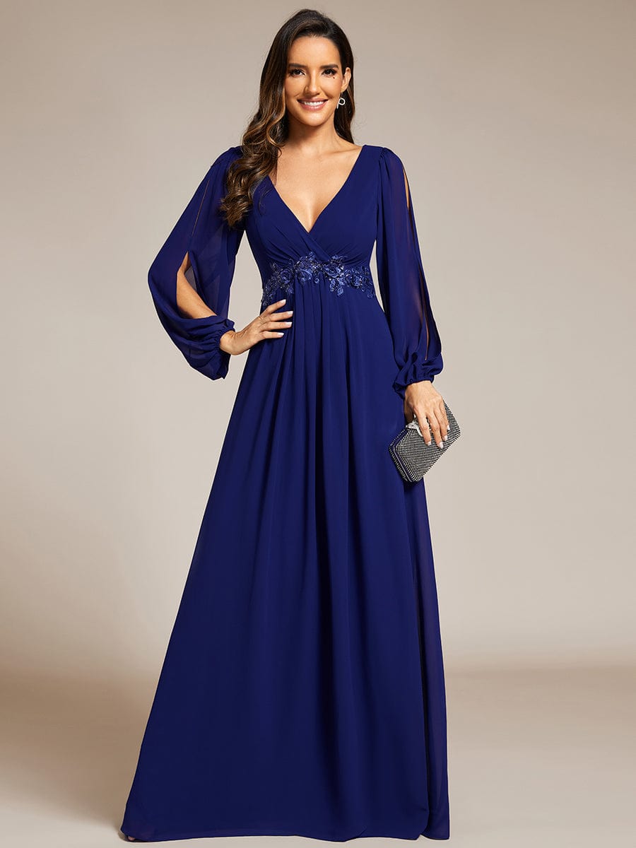 Elegant Chiffon V-Neckline Long Sleeve Formal Evening Dress #color_Royal Blue