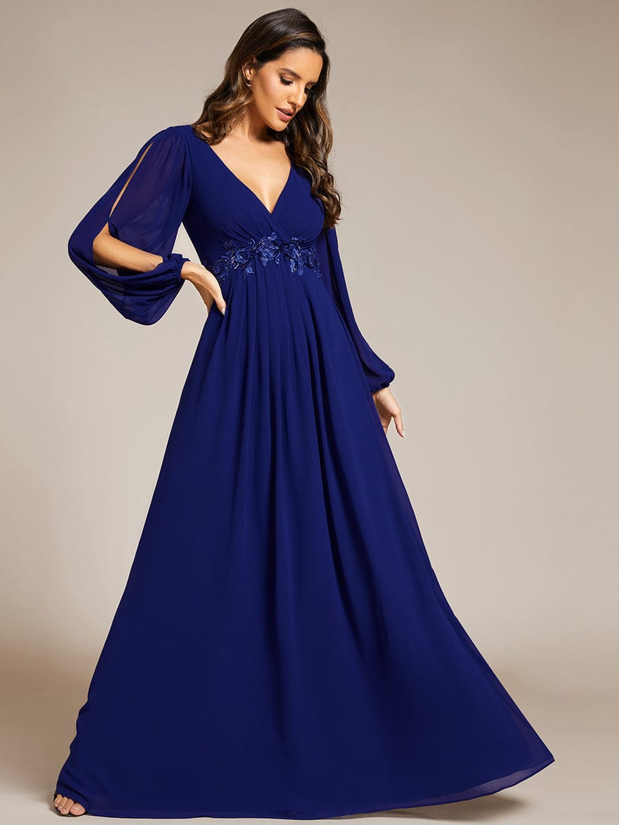 Elegant Chiffon V-Neckline Long Sleeve Formal Evening Dress #color_Royal Blue